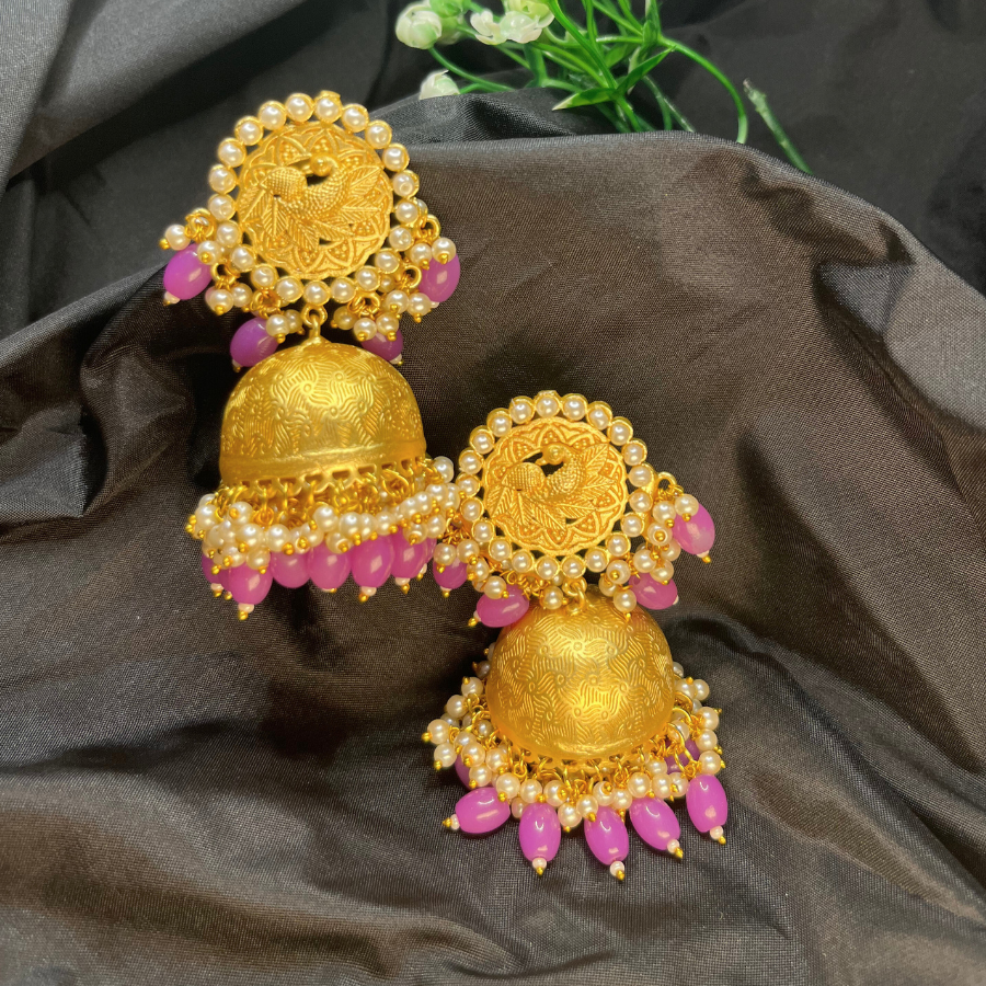 Gold-Plated Purple Kundan & Beaded Jhumkas Earrings