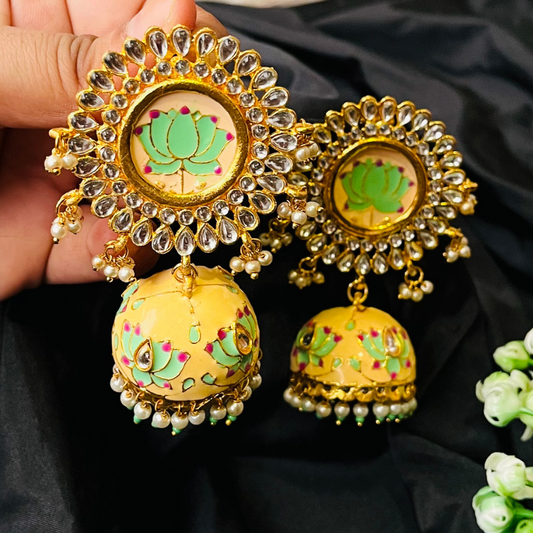 Peach Mint Lotus Meenakari Jhumka Earrings