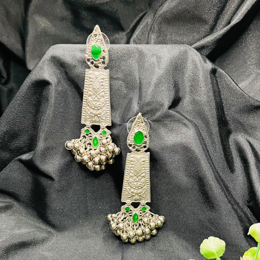 Antique Finishing Oxidised Silver Green Studs Earrings