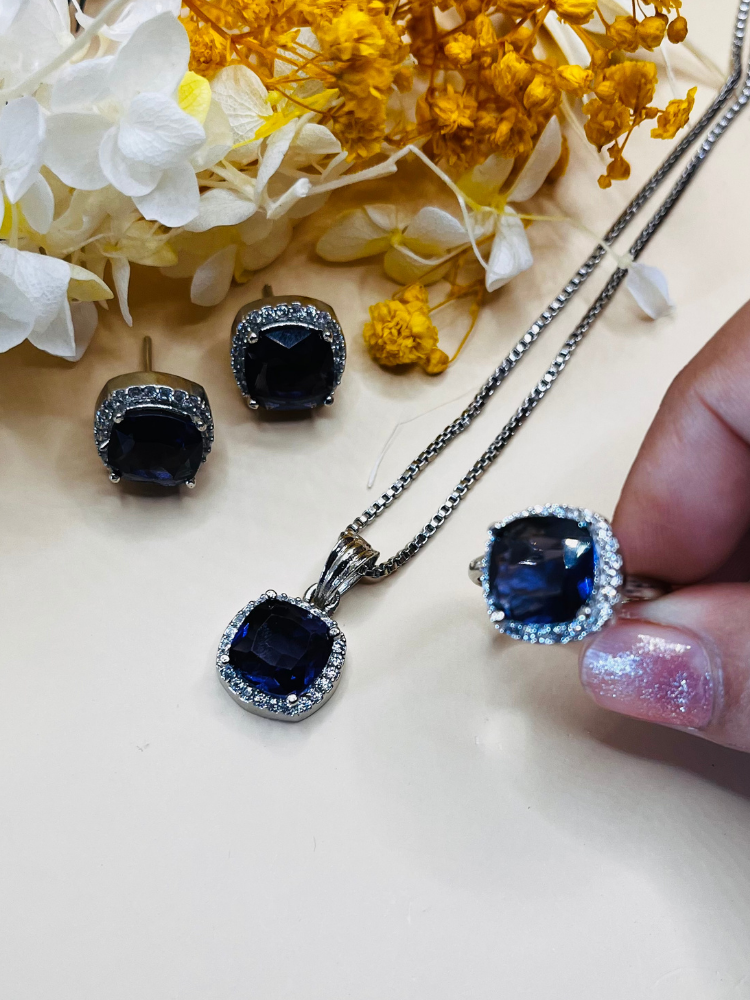 Premium Quality Silver Plated Purple Pendant Earrings and Ring Set