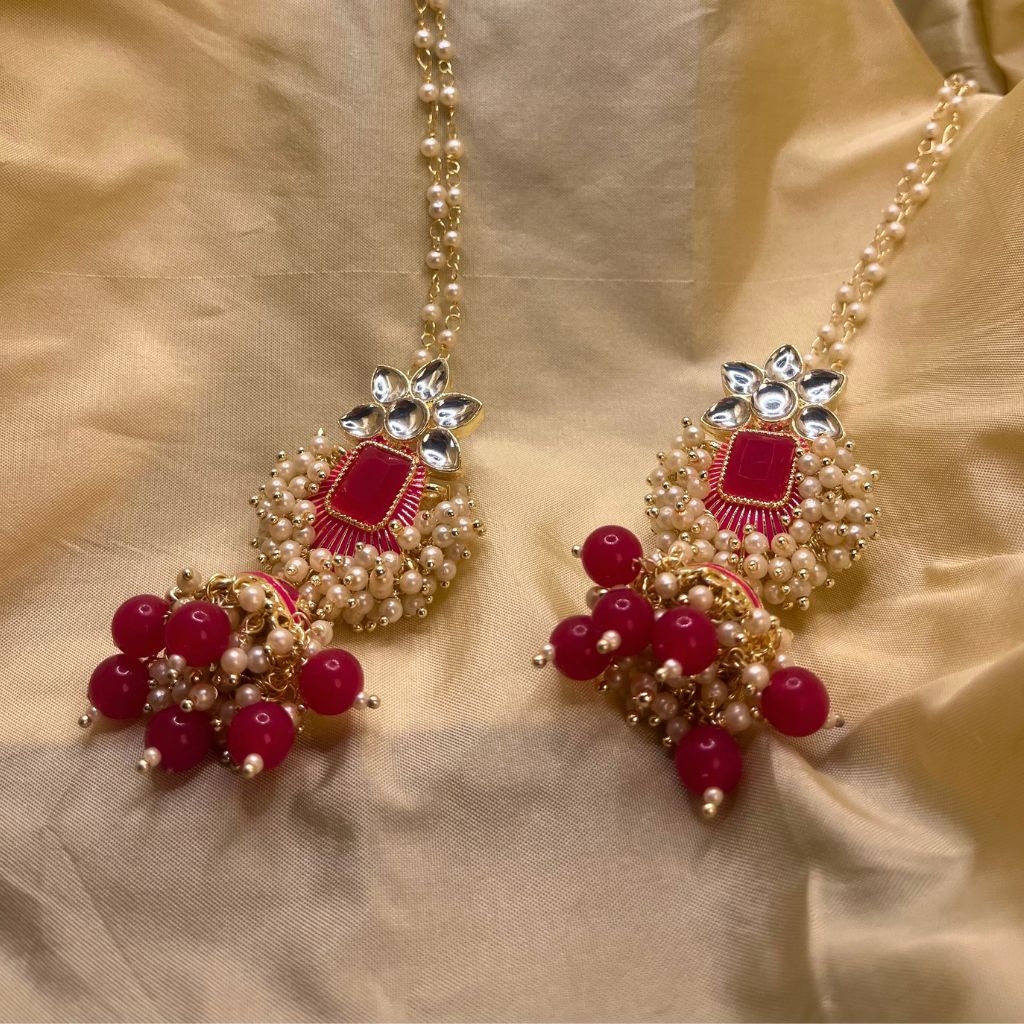 Pink Gold Tone Kundan Pearl Beaded Earrings With Ear Chains