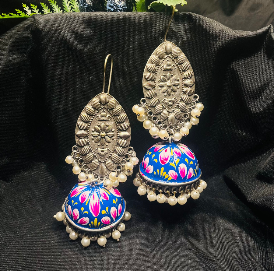 German Silver Meenakari Blue Jhumki Earrings