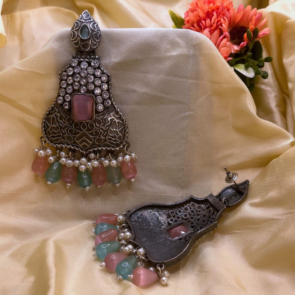 Pink & Pista Green Premium Oxidised Earrings