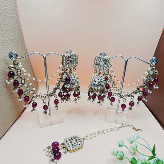 Designer Mirror Kundan Jhumkas Earring Earchain and Tikka Set