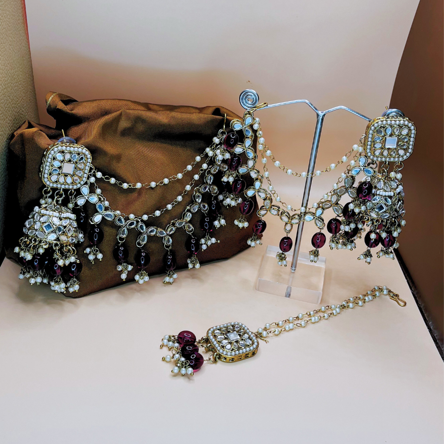 Designer Mirror Kundan Jhumkas Earring Earchain and Tikka Set
