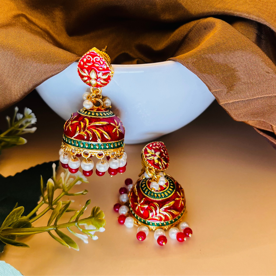 Red Gold Plated Dome Shaped Jhumkas