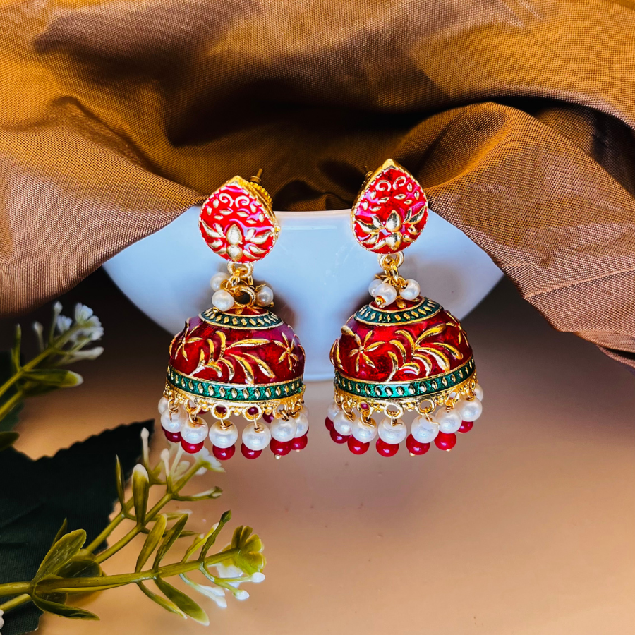 Red Gold Plated Dome Shaped Jhumkas