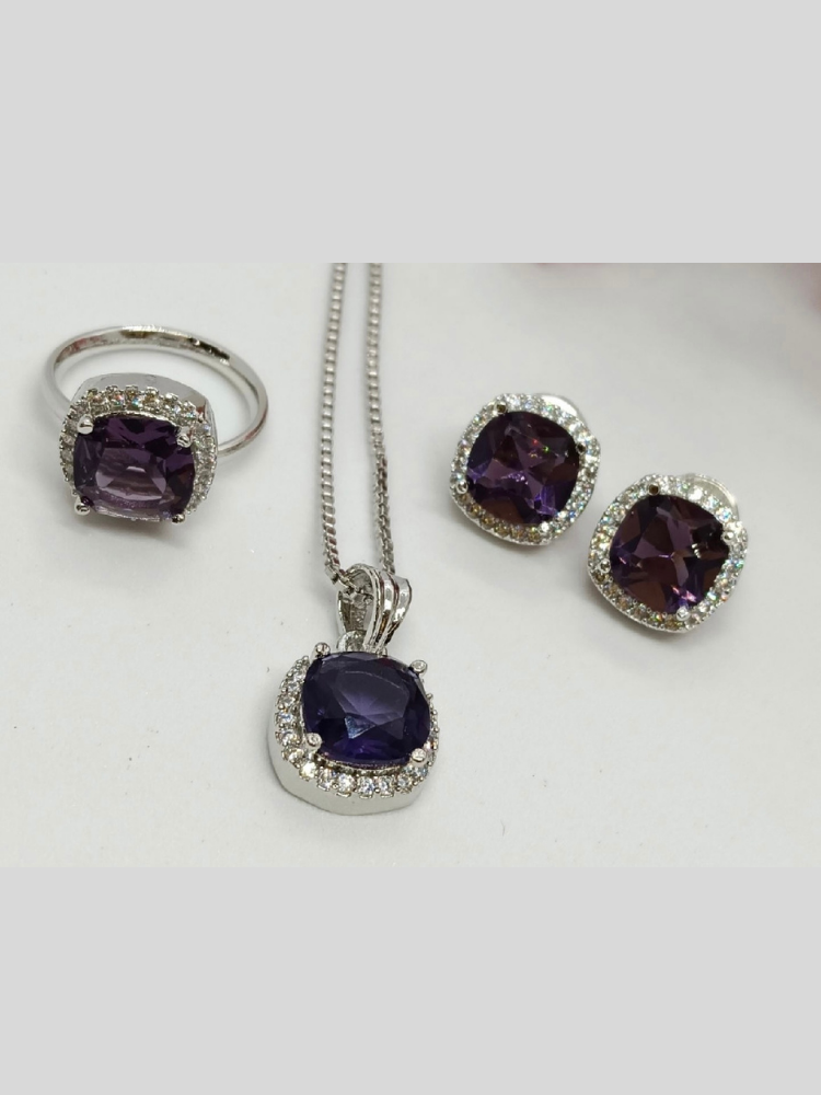 Premium Quality Silver Plated Purple Pendant Earrings and Ring Set