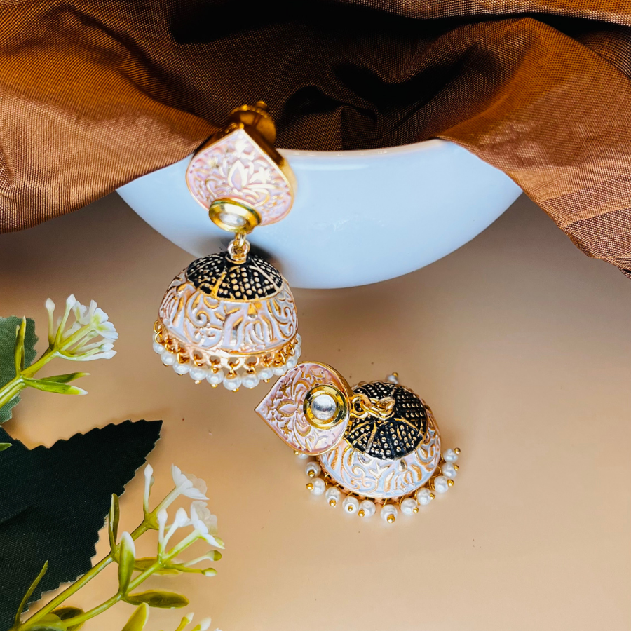 Peach Gold Plated Dome Shaped Jhumkas