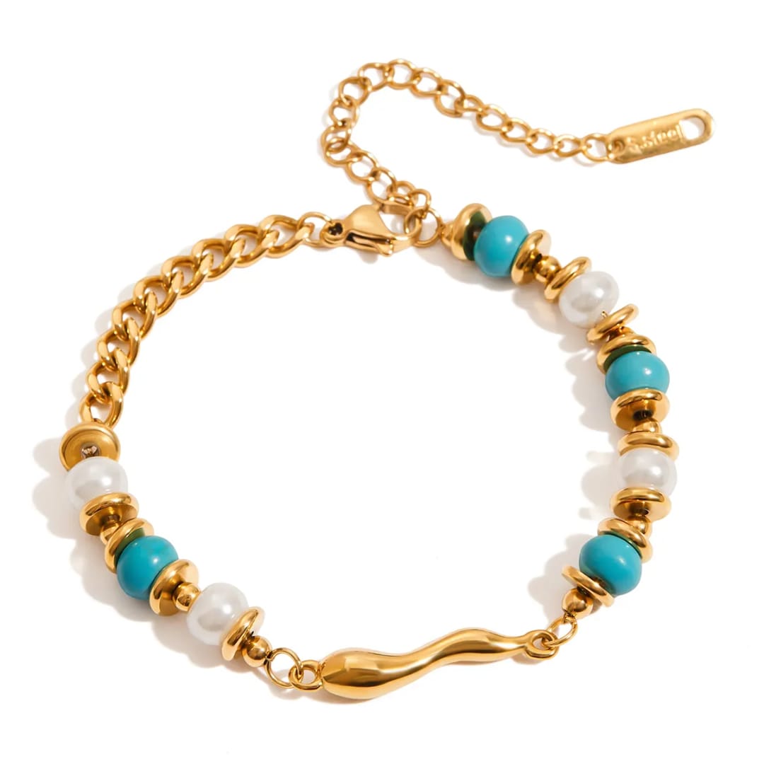 Blue Beads & Pearl Chain Bracelet