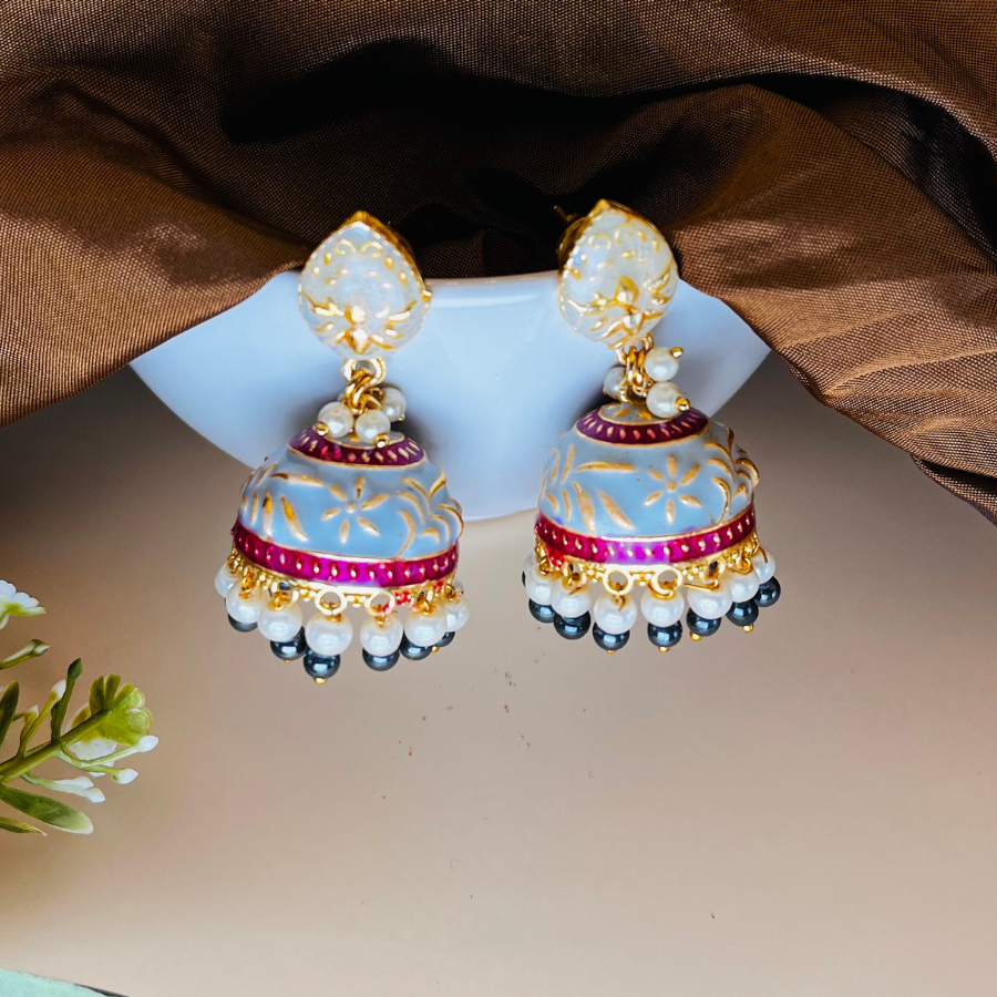 Grey Gold Plated Dome Shaped Jhumkas