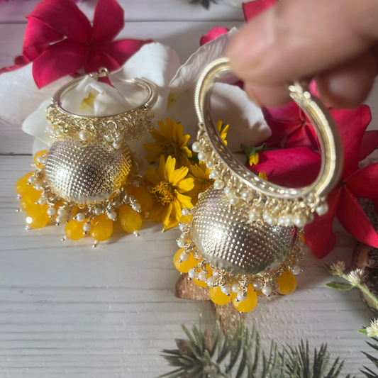 Yellow Kundan Pearl Hoop Earrings