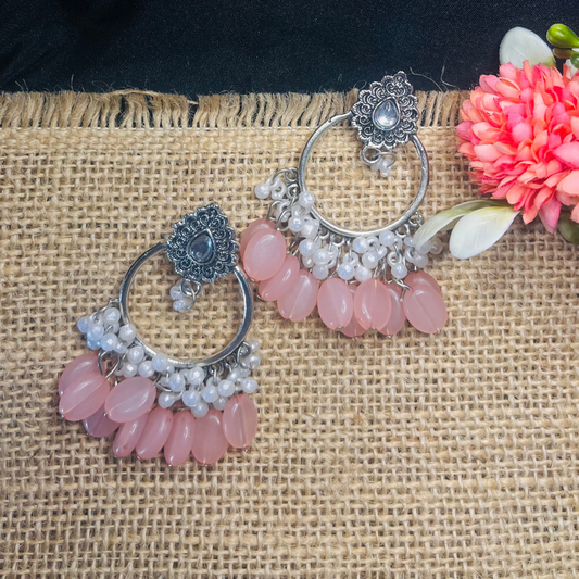 Oxidised Silver Platted Peach Stones Ethnic Earrings
