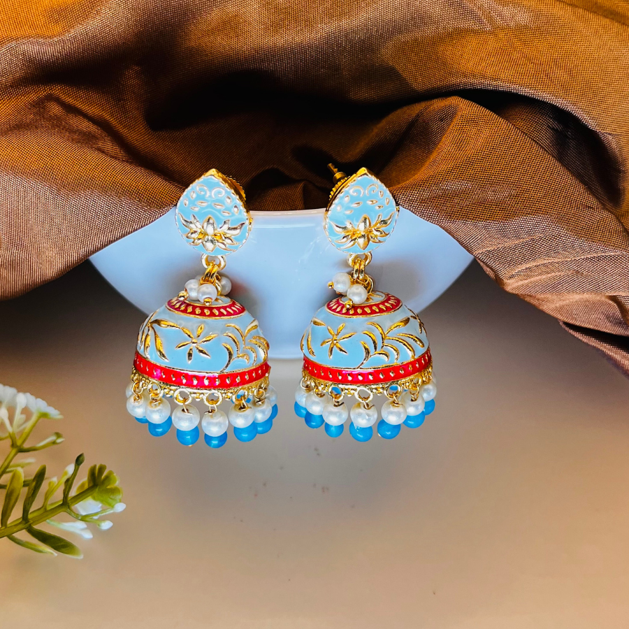 Sky Blue Gold Plated Dome Shaped Jhumkas