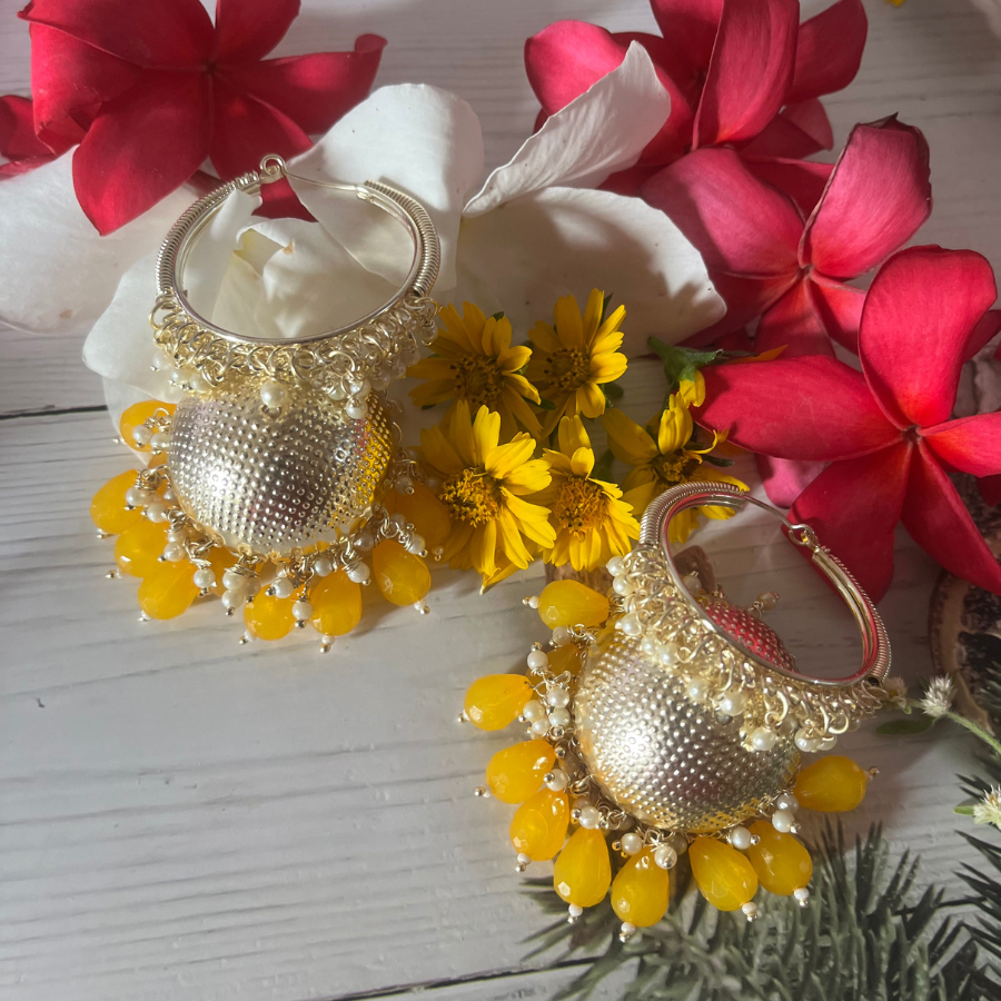 Yellow Kundan Pearl Hoop Earrings