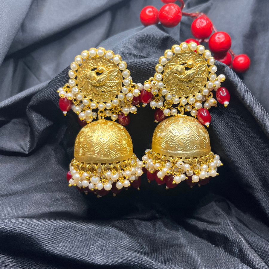 Gold-Plated Maroon Kundan & Beaded Jhumkas Earrings
