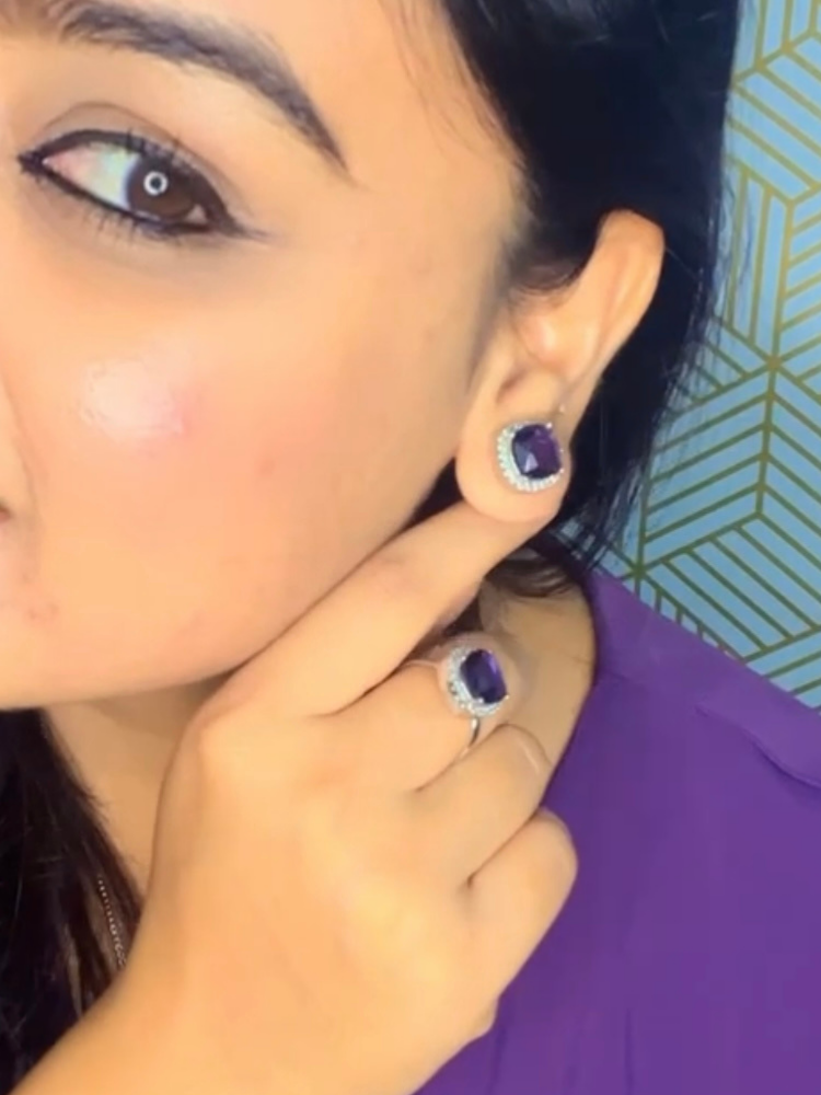 Premium Quality Silver Plated Purple Pendant Earrings and Ring Set