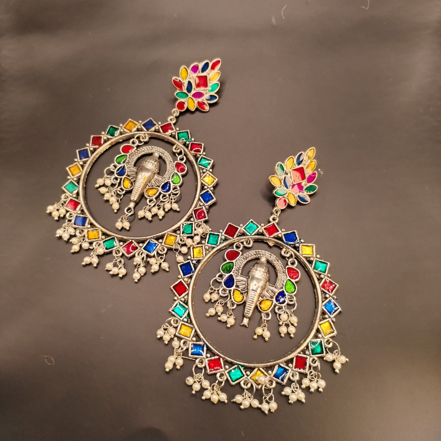 Multicolor Silver Oxidized Temple Dangler Hoop Earrings