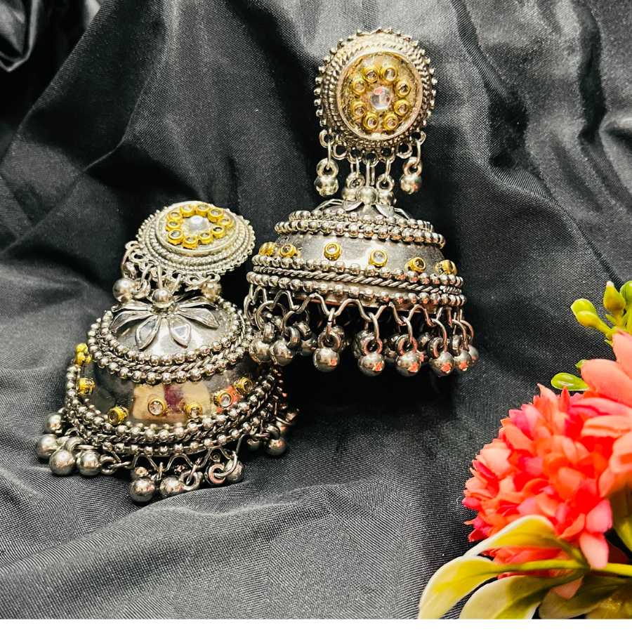 Dual Toned Silver-Plated Oxidized Dome Shaped Jhumkas Earrings