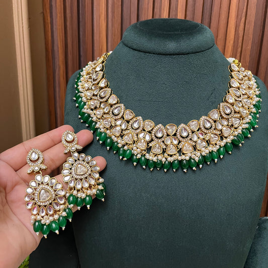 Green Beads Kundan Necklace Set