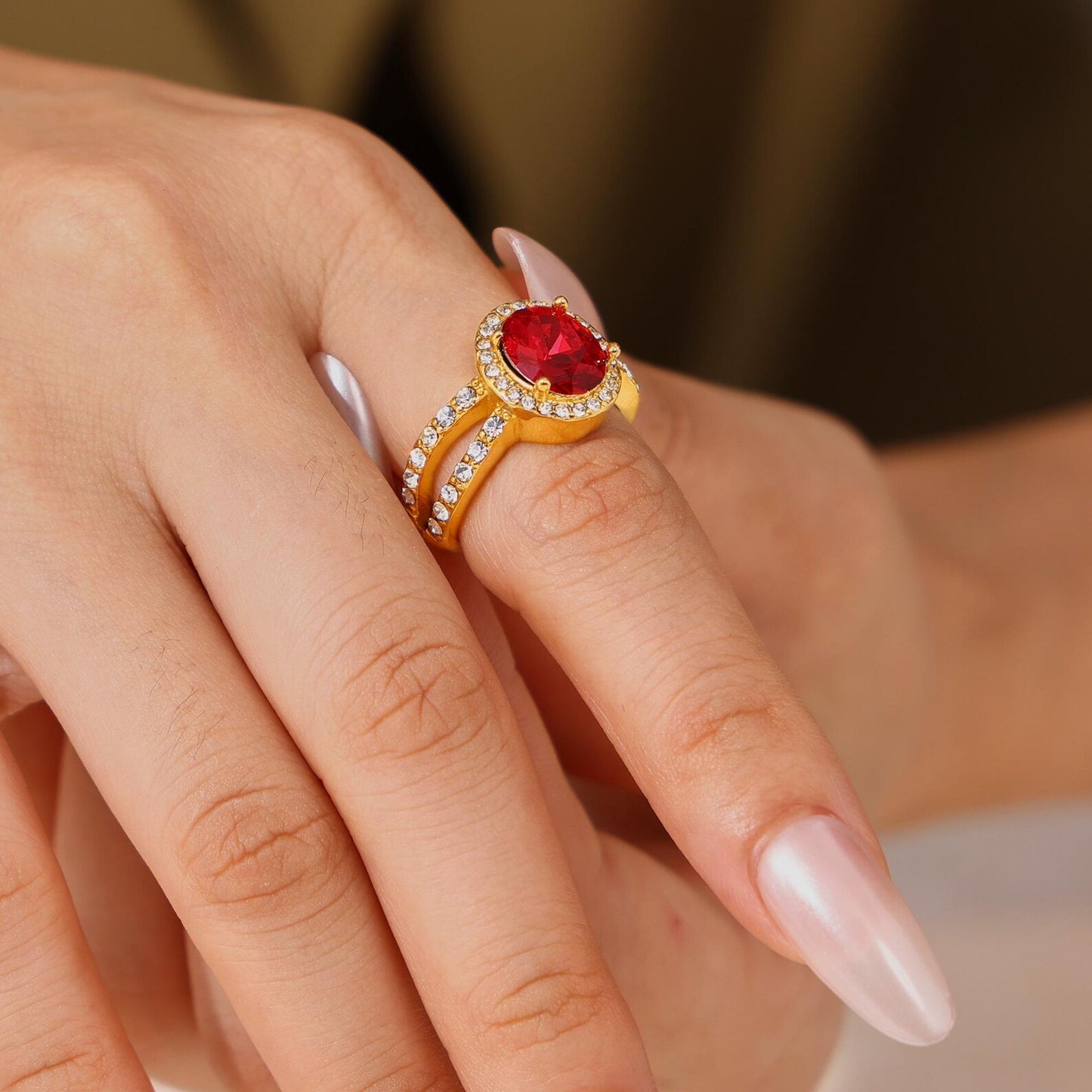 Red Rhinestones Statement Ring