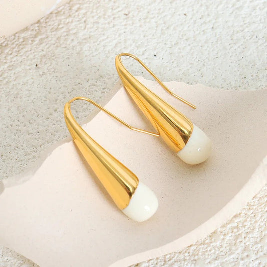 18k Gold White Enamel Drop Earrings