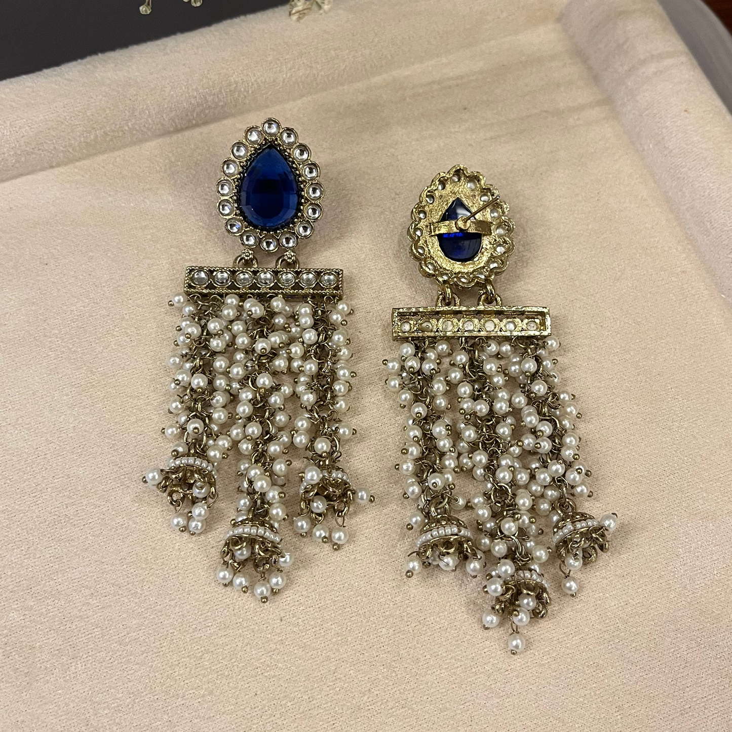 Blue Stone Pearl Hanging Earrings