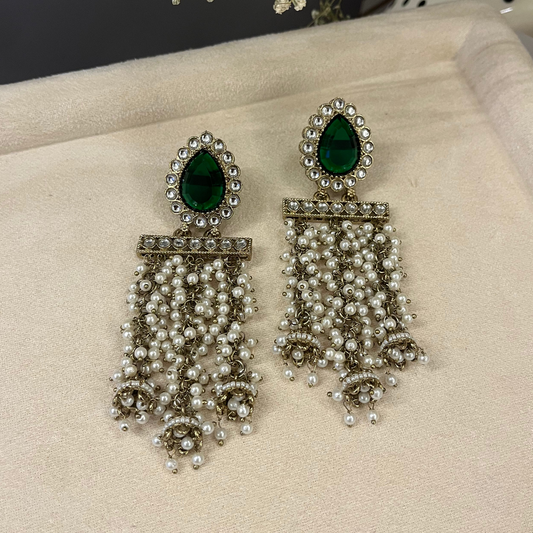Green Stone Pearl Hanging Earrings