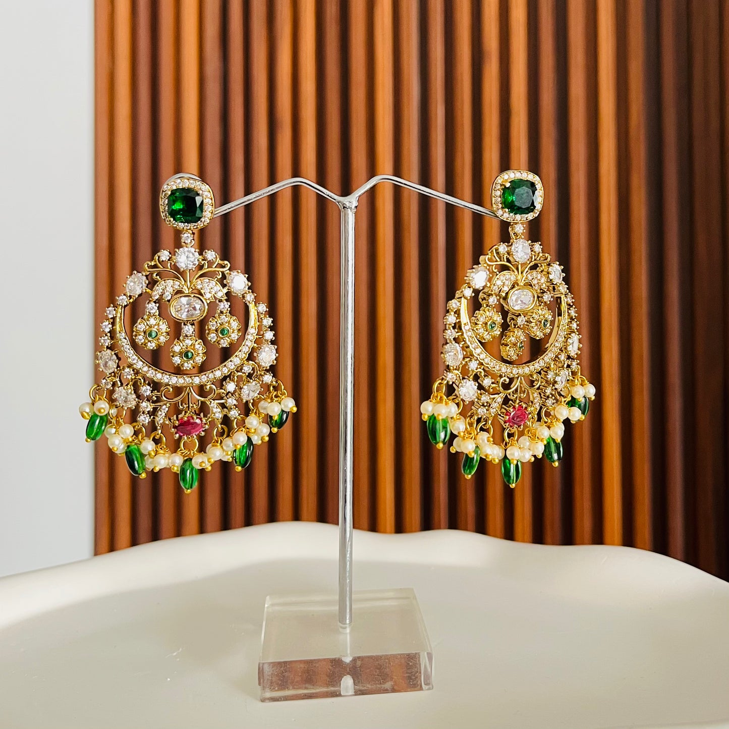 Moissanite Uncut Green Chandbali Earrings