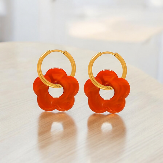 Resin Flower Gold Hoops Earring