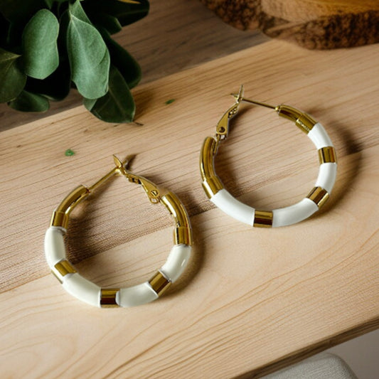 White & Gold Hoop Earrings