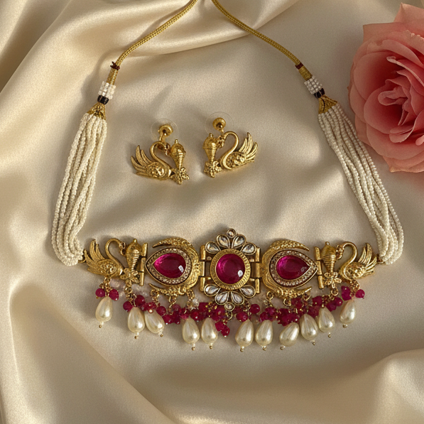 Stone Pearl Choker Necklace Set