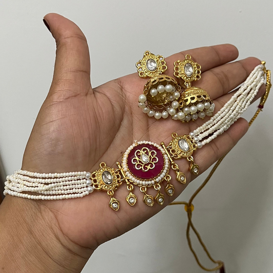 Pink Stone Choker Necklace Set