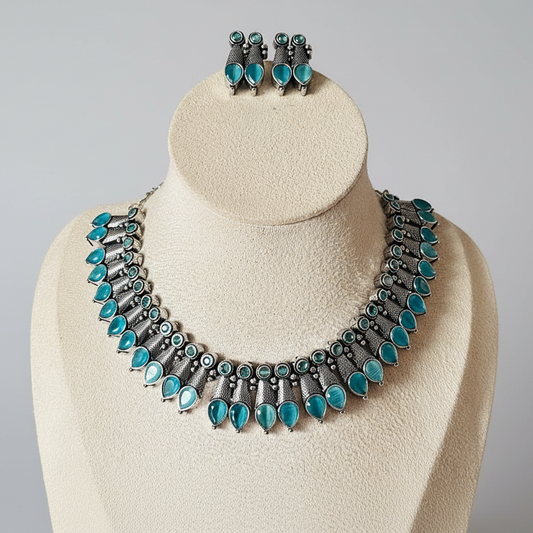 Blue Silver Oxidised Necklace Set