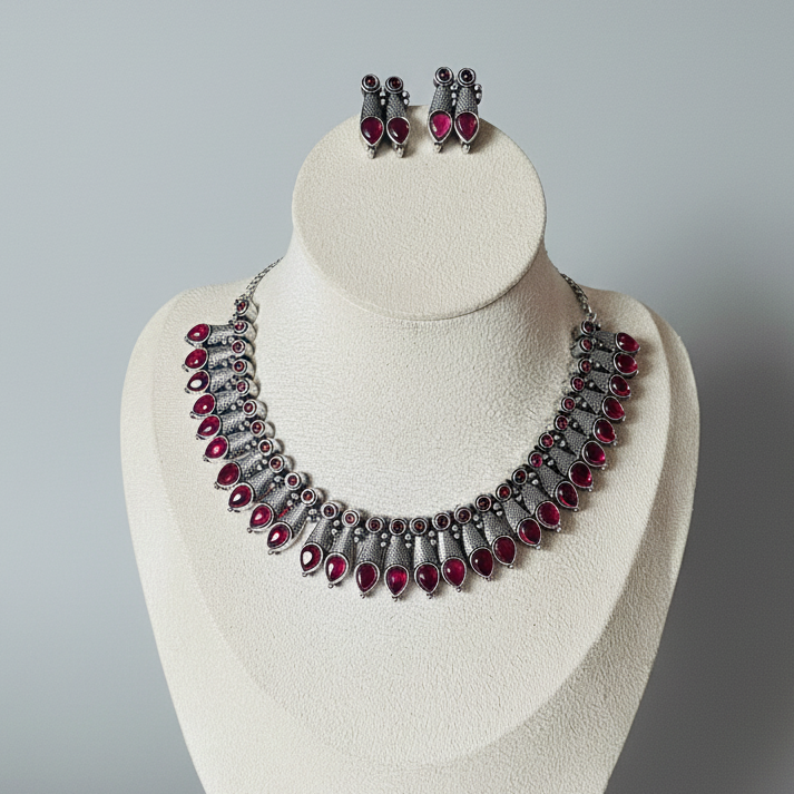 Ruby Pink Silver Oxidised Necklace Set