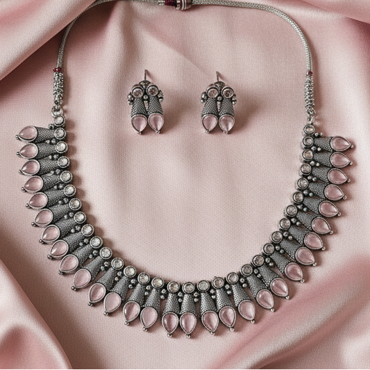 Baby Pink Silver Oxidised Necklace Set