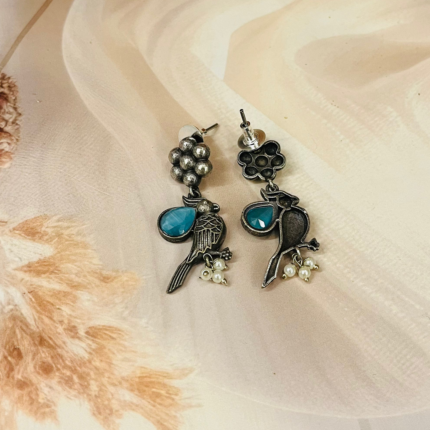 Bird Silver Oxidised Earrings