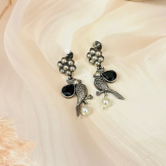 Bird Silver Oxidised Earrings