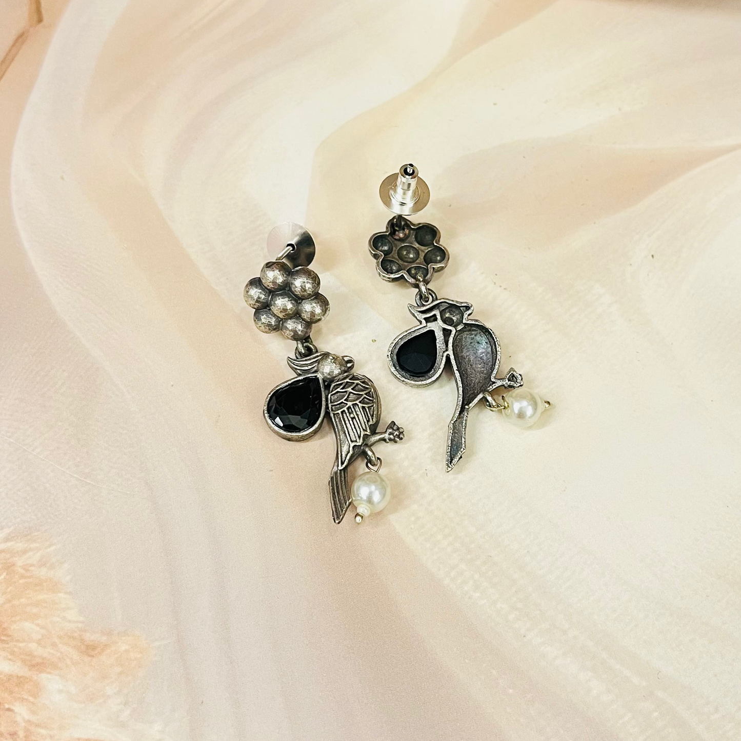 Bird Silver Oxidised Earrings