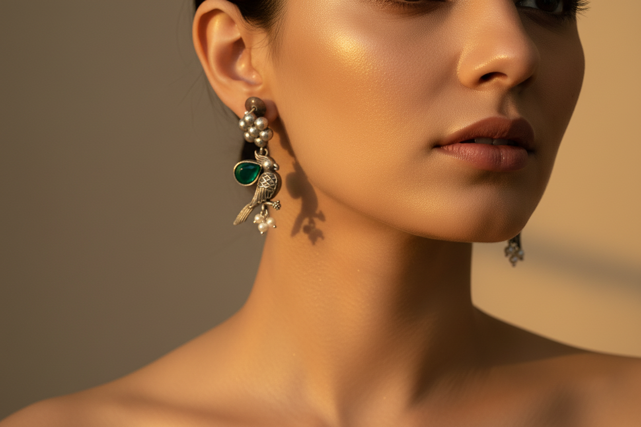 Bird Silver Oxidised Earrings