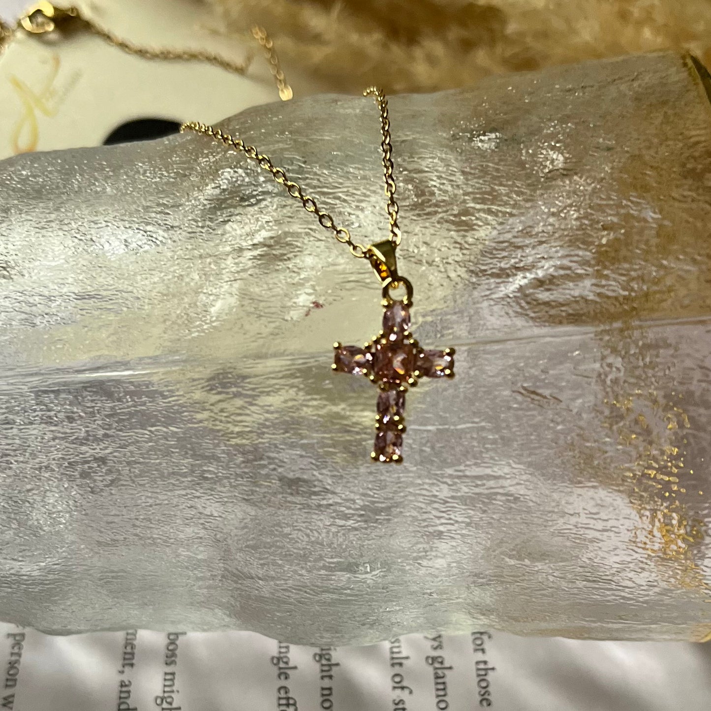 Pink Stone Cross Chain Necklace