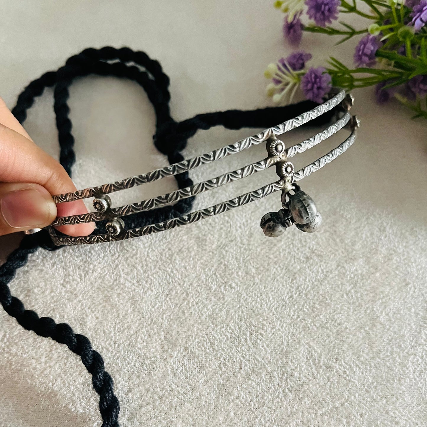 Silver Oxidised Thread Choker Necklace