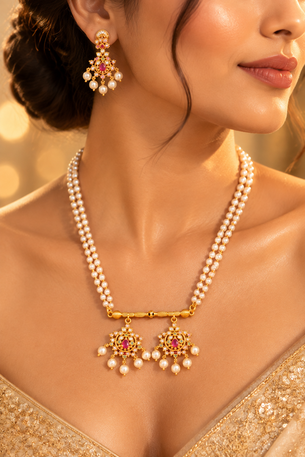 Gold Pendant Pearl Necklace Set