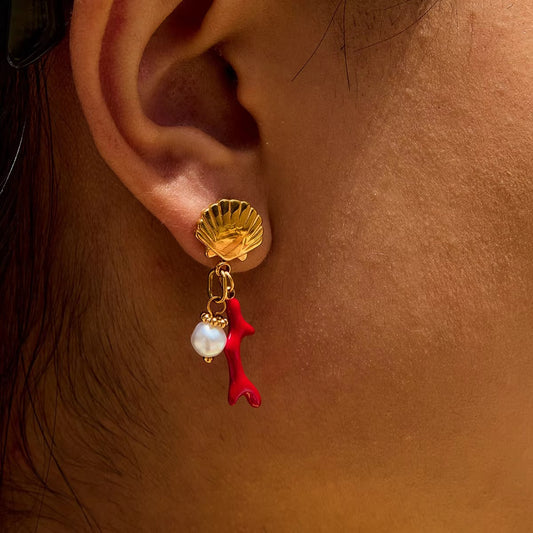 Red Coral Pearl Shell Earring