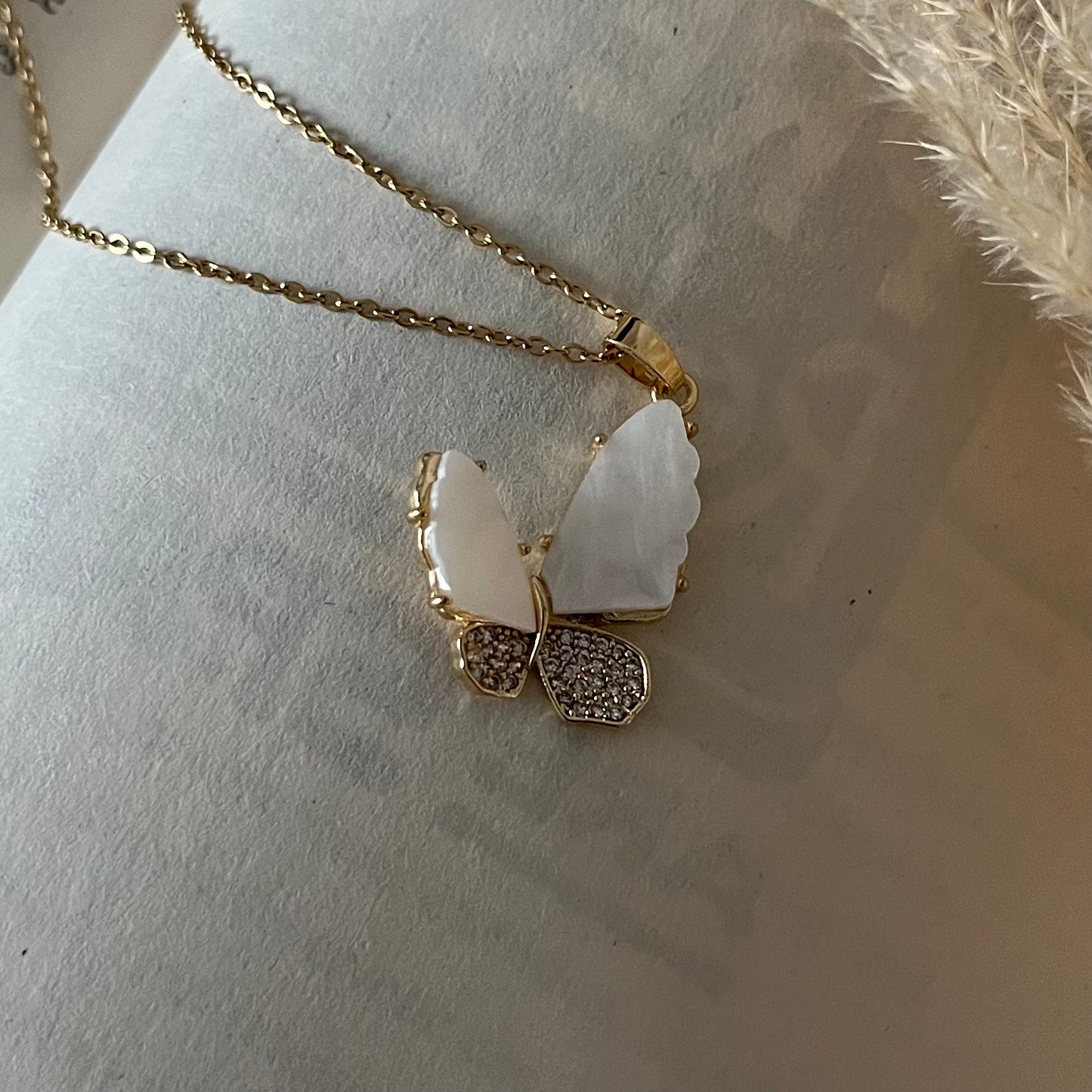 AD Studded White MOP Butterfly Necklace