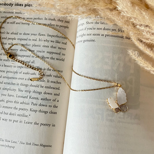 AD Studded White MOP Butterfly Necklace