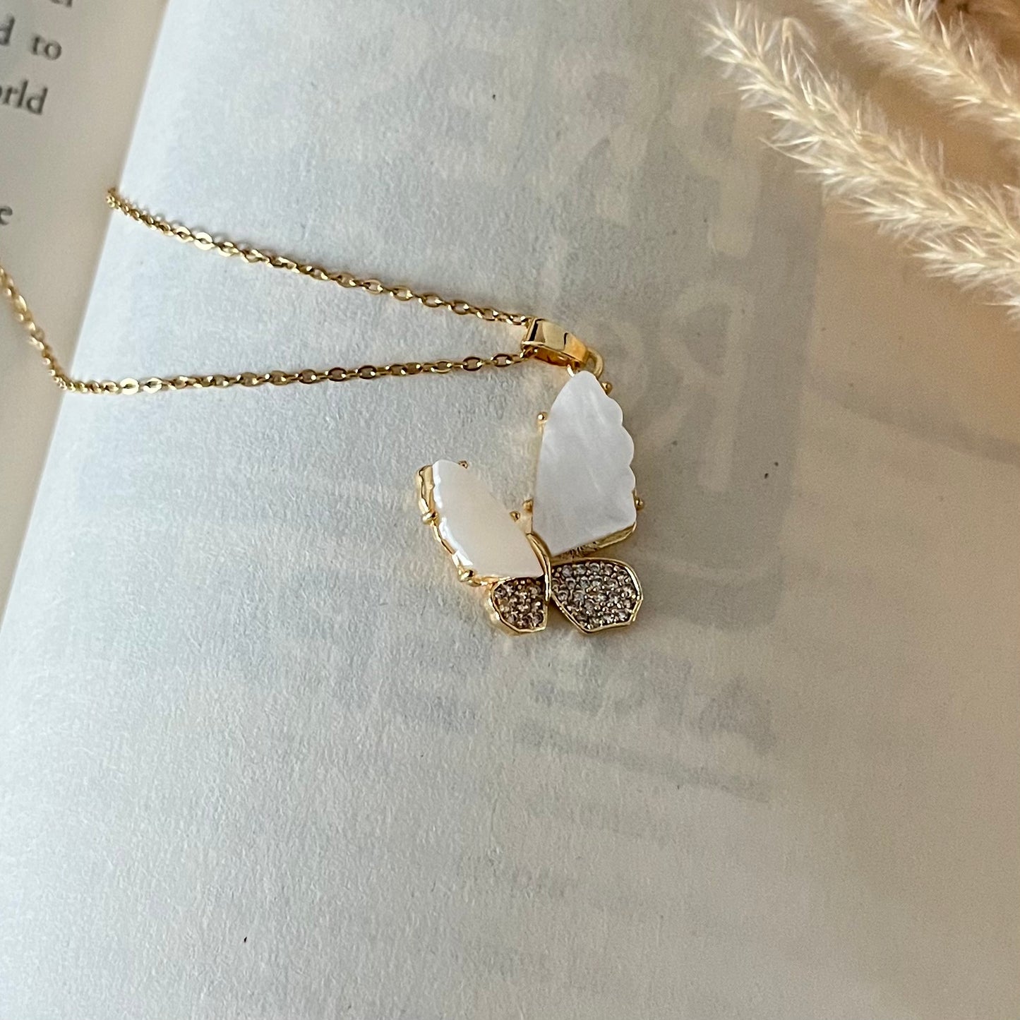 AD Studded White MOP Butterfly Necklace