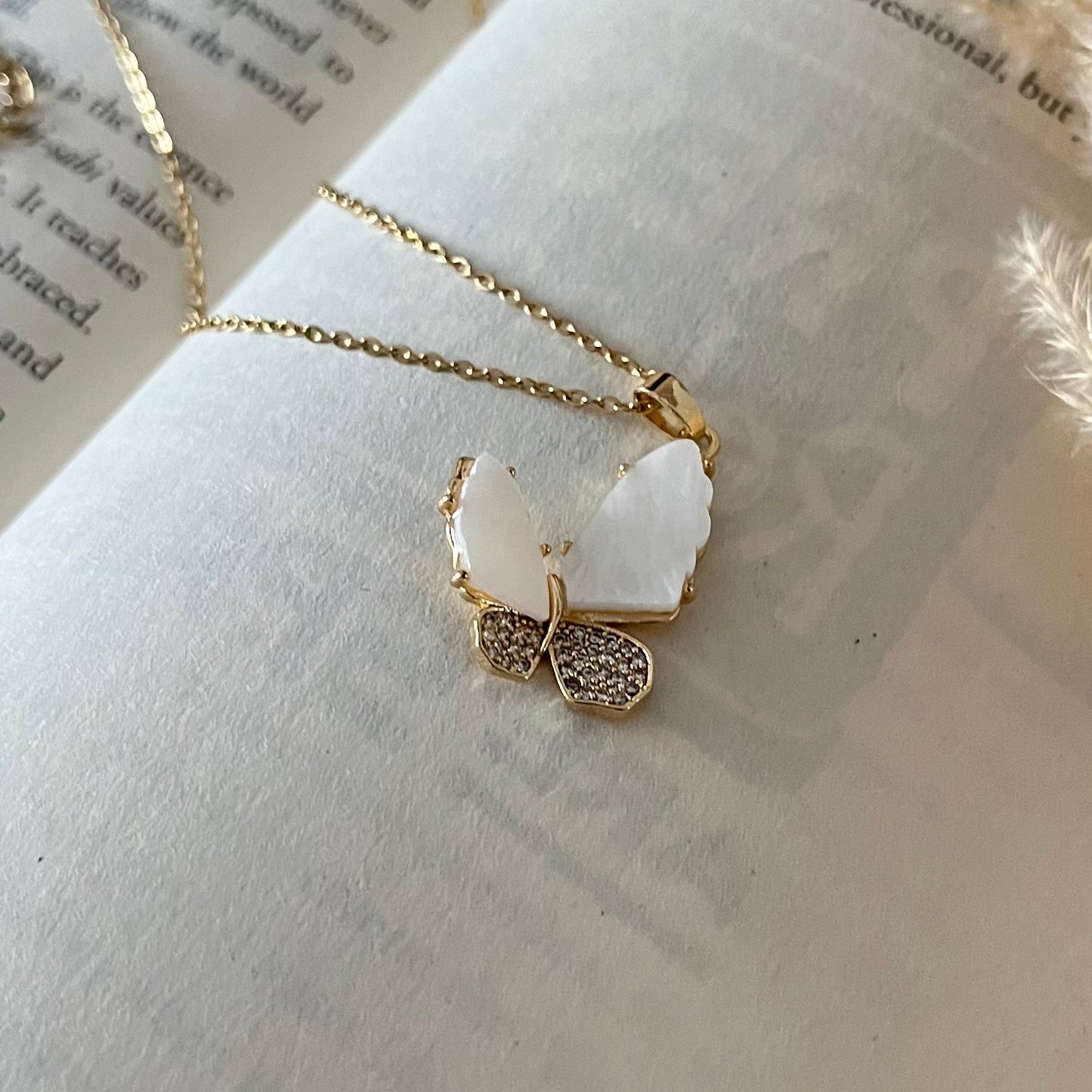 AD Studded White MOP Butterfly Necklace