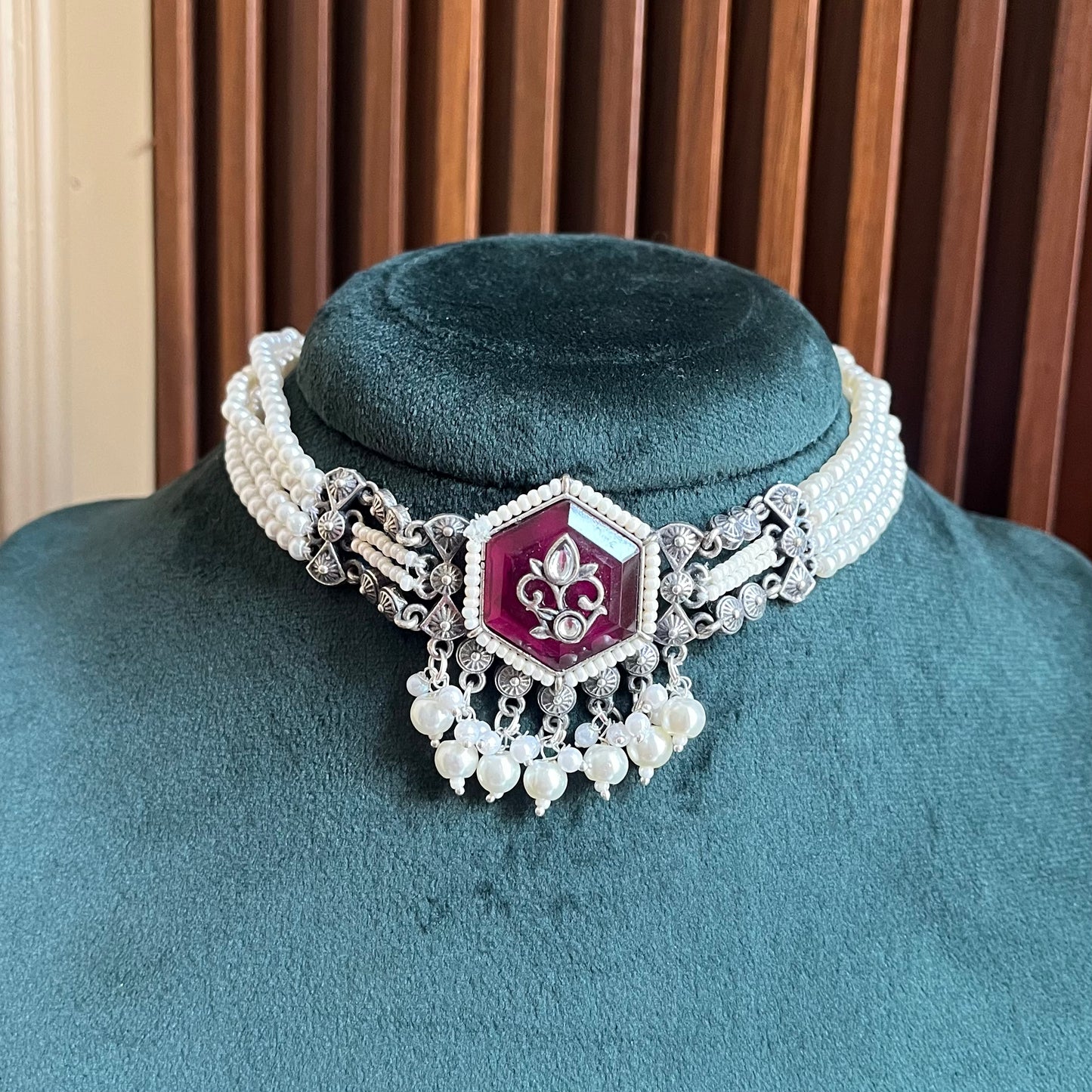 Pearl Stone Choker Necklace Set