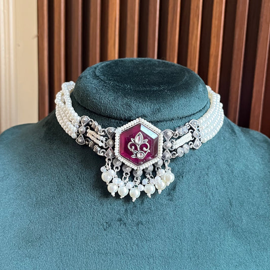 Pearl Stone Choker Necklace Set